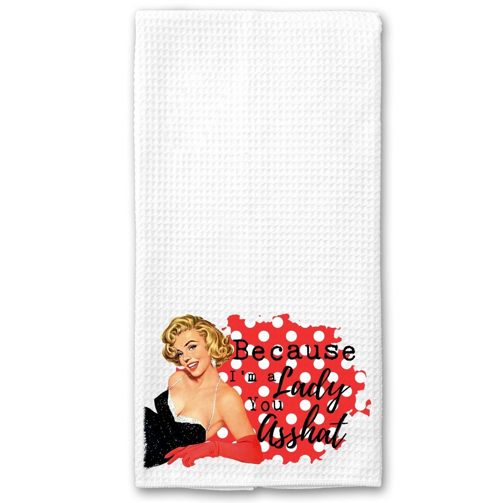 Retro Pinup Waffle Weave Kitchen Towel Because I'm a Lady You Asshat White Red